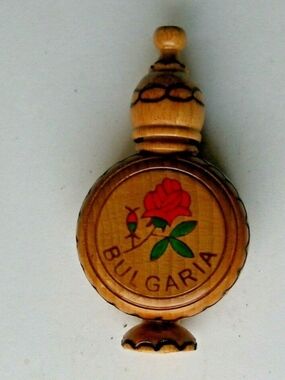 Vintage wood Bulgaria handcarved perfume bottle with rose oil